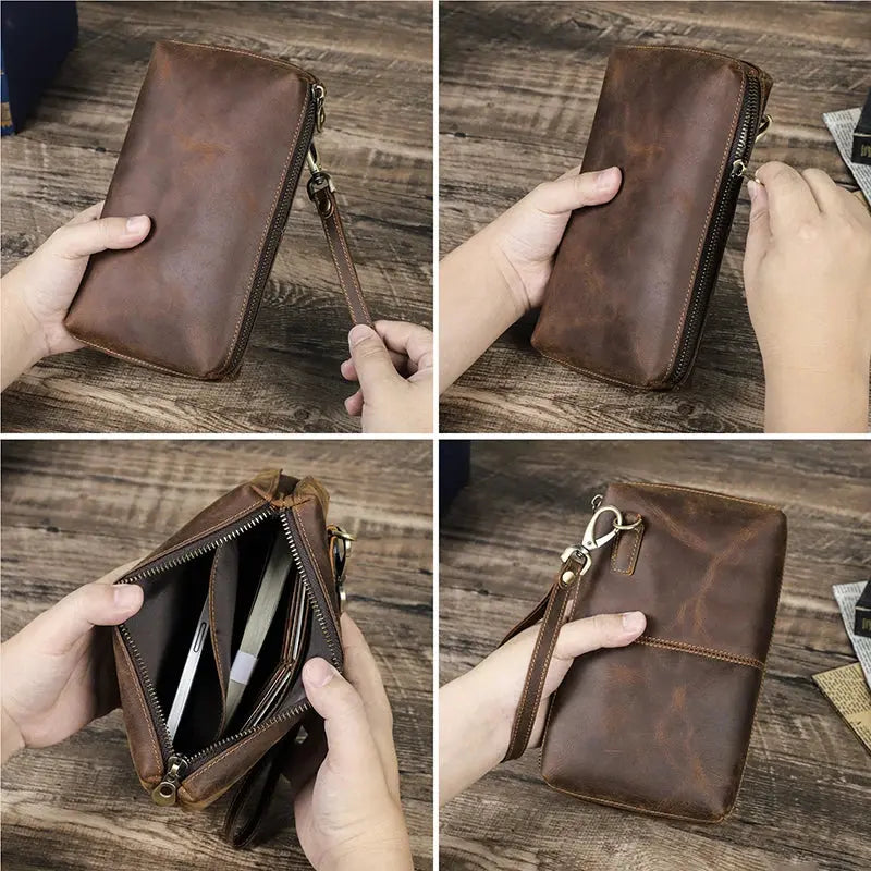 Men Clutch Bag Designer Genuine Leather Clutch Wallet Handbag Male Vintage Long Purse Zipper Card Holder Large Capacity Bolsas ContactS Engraving Store