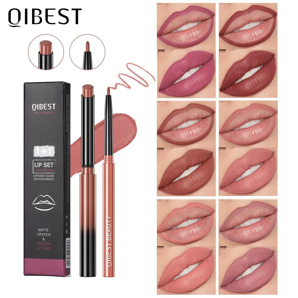 QIBEST 2pcs Lipstick Lipliner Pen Set Matte Velvet Lip Liner Pencil Contour Makeup Sexy Red Lip Stick Long Lasting Cosmetics QiBest Official Store