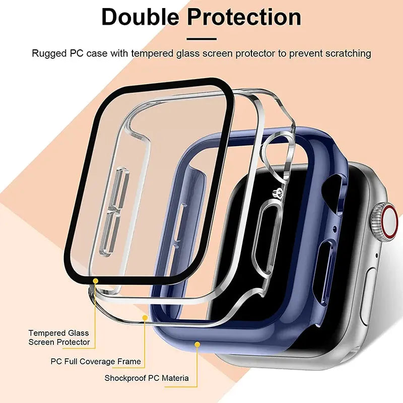 Tempered Glass+cover For Apple Watch Accessories 45mm 41mm 44mm 40mm 42mm Screen Protector Apple watch Case serie 9 4 5 6 SE 7 8 IWatch Bands Store