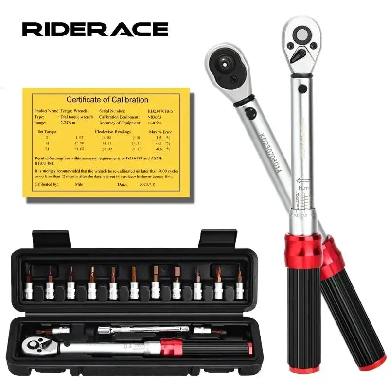 RIDERACE Bicycle Torque Wrench Set 15Pcs 1/4" 2-24Nm Dual Direction Bike Allen Key Tool Socket Spanner Pro Motorcycle Repair Kit RIDERACE Outdoor Store