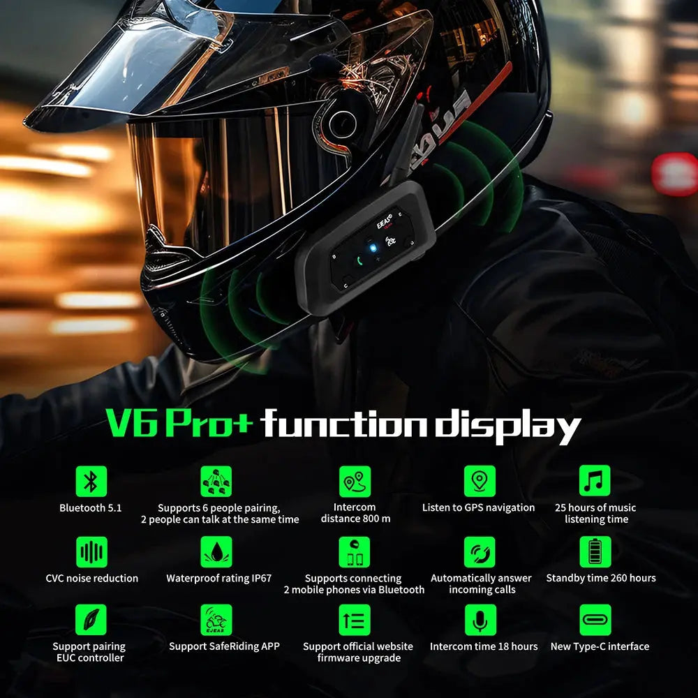 EJEAS V6 PRO+/PLUS Motorcycle Helmet Bluetooth Walkie Talkie 6 Rider Distance 800 Meters Waterproof IP67 EAuto Global Store