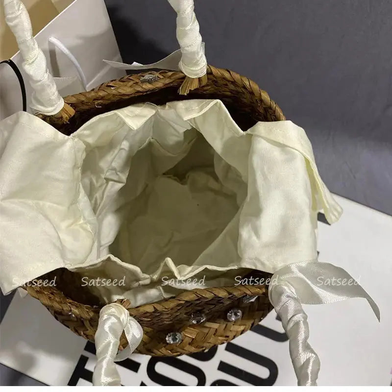 Handmade Sewing Holiday Fashion Crystal Woven Basket Diamond Tote Luxury Beach Resort Retro Handbag Bag Women Design Straw 2023 MOSITANA BAG Store