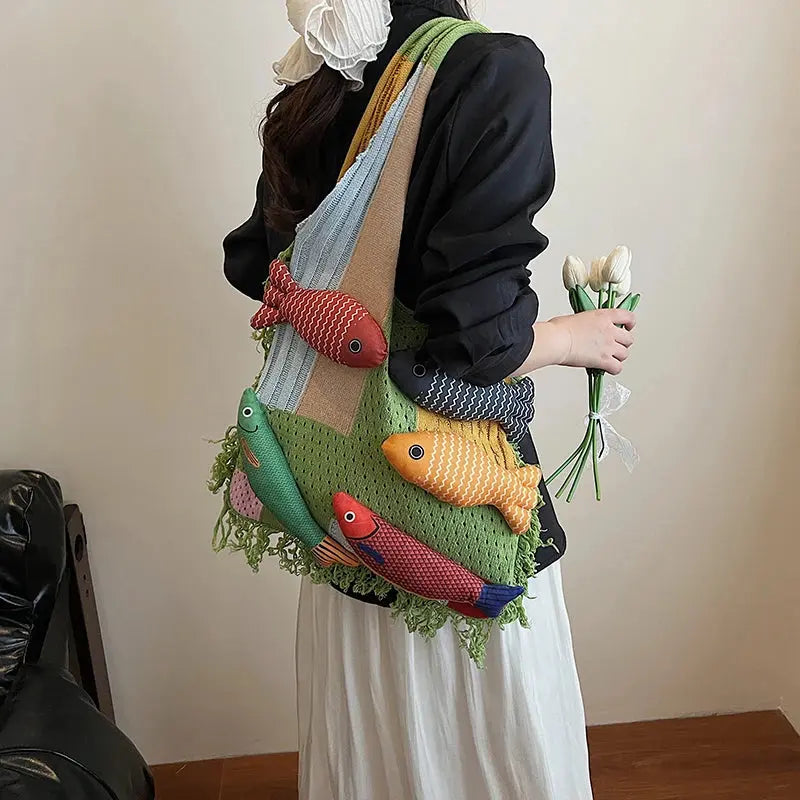 Cute Little Fish Relaxed Knitted Bag 2025 Summer New Commuter Versatile Shoulder Bag Contrasting Cut Out Tote Bag Shop1104763585 Store