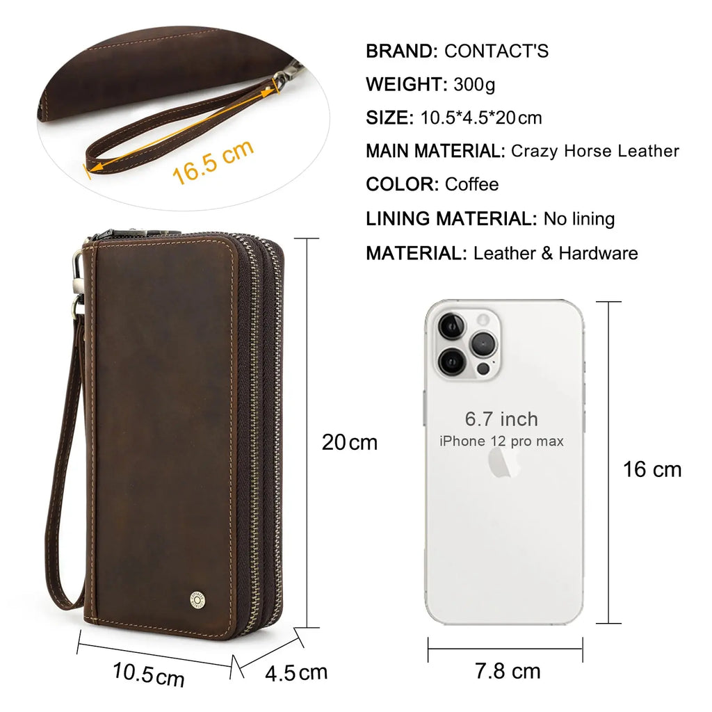 Contact'S Genuine Leather Men's Wallet Clutch Bag Card Holder Long Wallets Double Zipper Large Capacity Vintage Male Purses ContactS Official Store