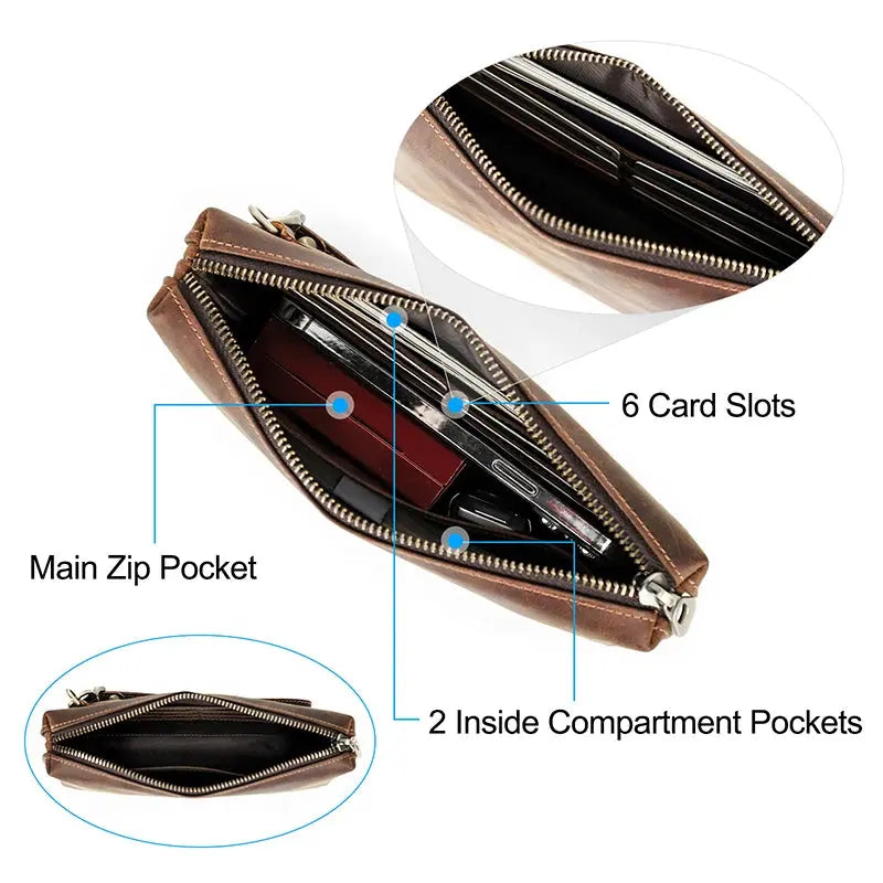 Men Clutch Bag Designer Genuine Leather Clutch Wallet Handbag Male Vintage Long Purse Zipper Card Holder Large Capacity Bolsas ContactS Engraving Store
