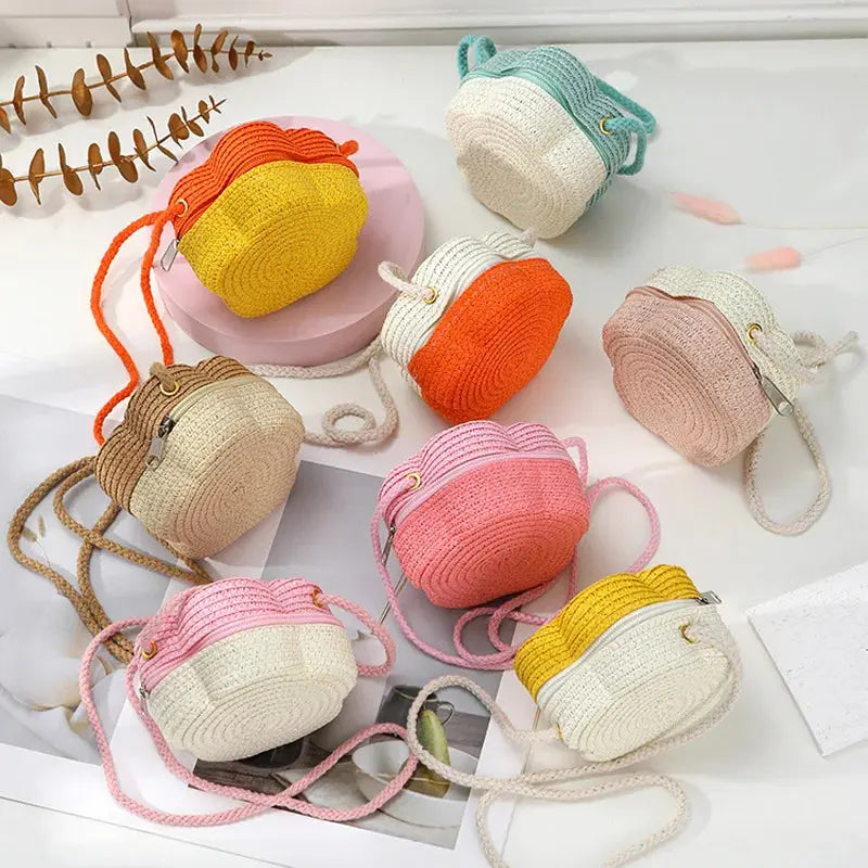 Summer Travel Children's Straw Shoulder Bags Flower Knitted Baby Girls Beach Coin Purse Seaside Cute Kids Woven Crossbody Bag CuteHana Store
