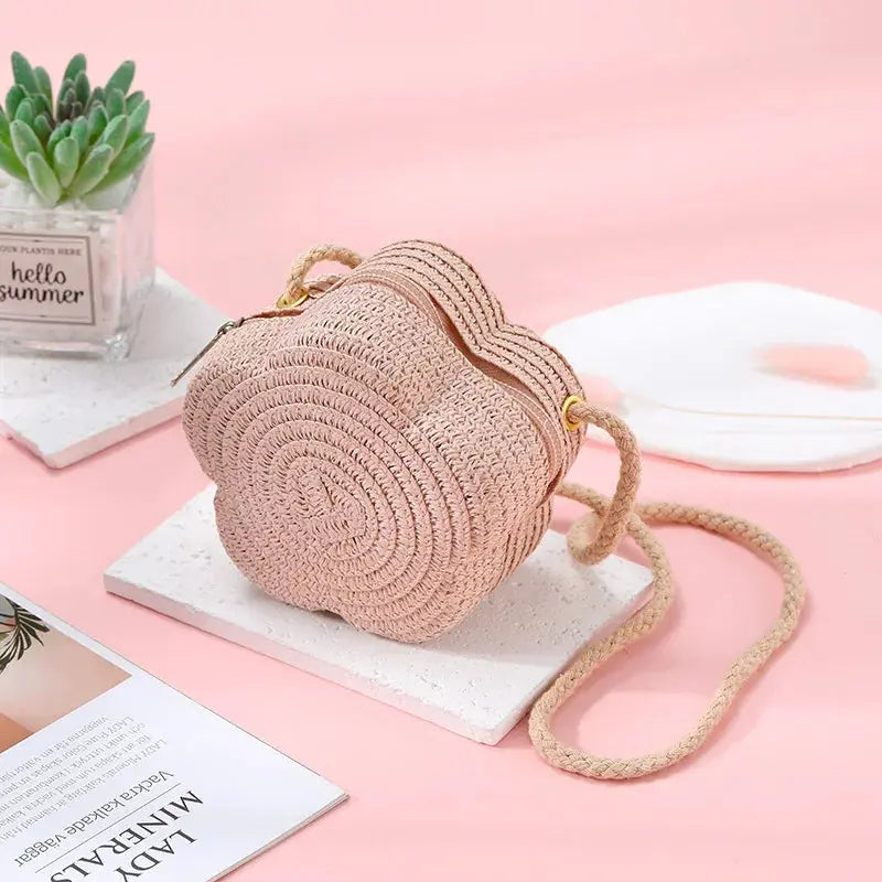 Summer Travel Children's Straw Shoulder Bags Flower Knitted Baby Girls Beach Coin Purse Seaside Cute Kids Woven Crossbody Bag CuteHana Store