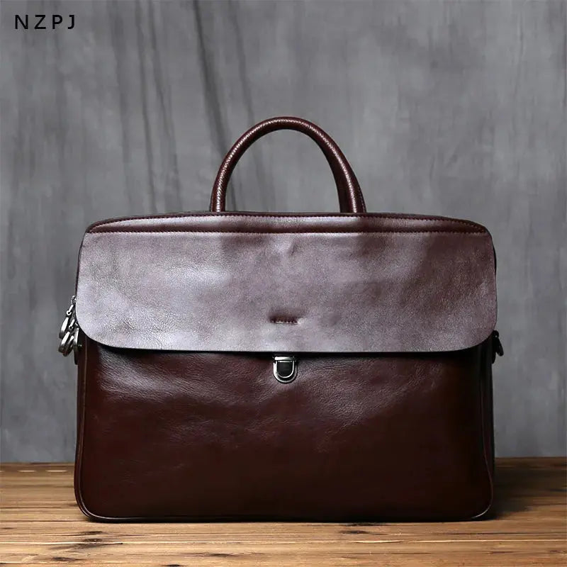 NZPJ Genuine Leather Men's Briefcase Vintage Natural Cowhide Handbag Large Capacity Crossbody Bag Casual Fashion Computer Bag NZPJ factory Store