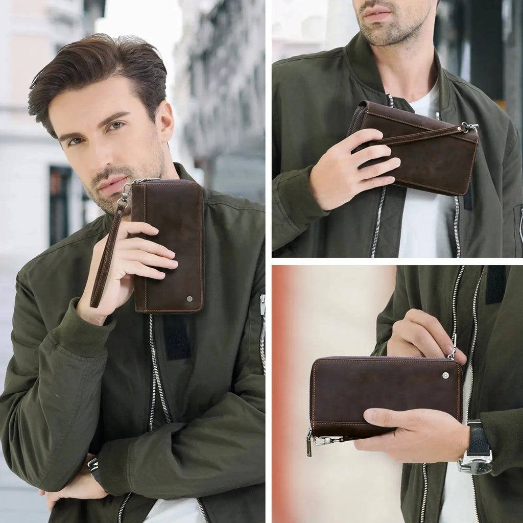 Contact'S Genuine Leather Men's Wallet Clutch Bag Card Holder Long Wallets Double Zipper Large Capacity Vintage Male Purses ContactS Official Store
