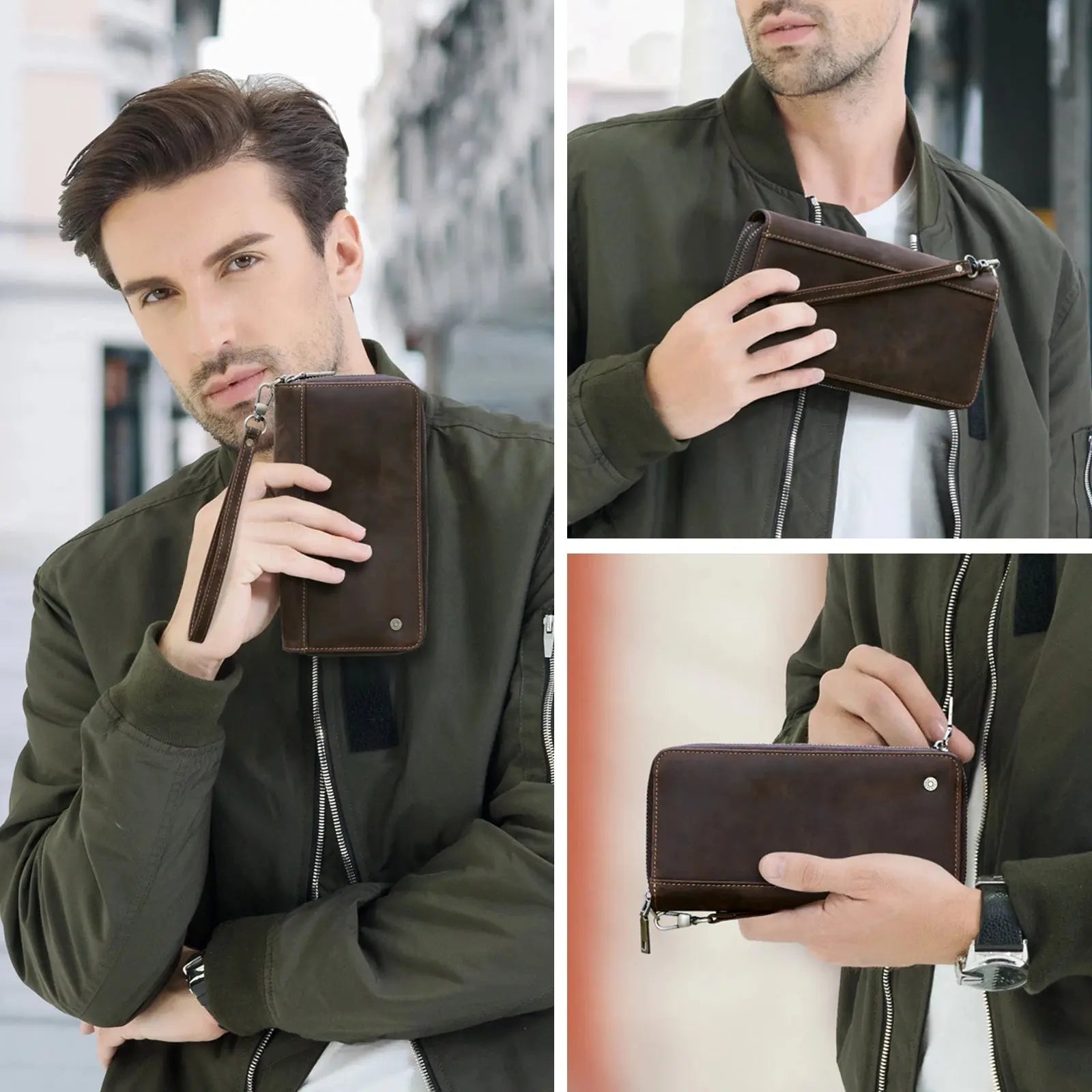 Contact'S Genuine Leather Men's Wallet Clutch Bag Card Holder Long Wallets Double Zipper Large Capacity Vintage Male Purses ContactS Official Store