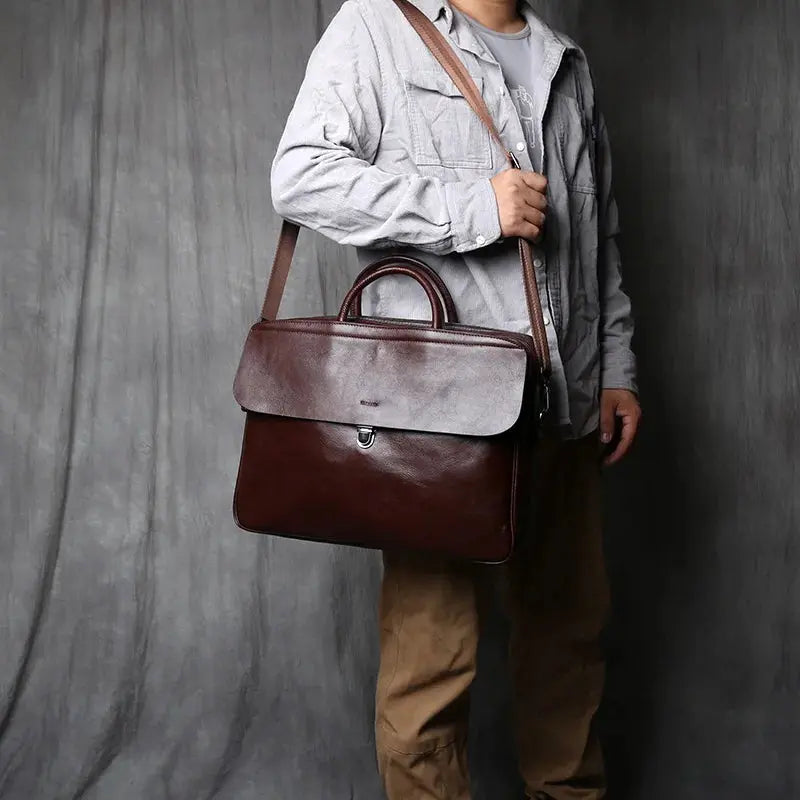 NZPJ Genuine Leather Men's Briefcase Vintage Natural Cowhide Handbag Large Capacity Crossbody Bag Casual Fashion Computer Bag NZPJ factory Store
