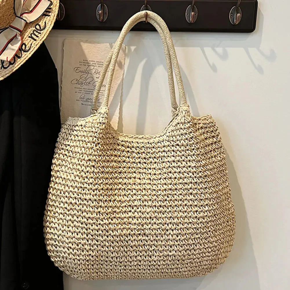 2024 Summer Daily Bag Women Vintage Shoulder Bag Hasp Closure Crochet Beach Handbag Solid Color Simple Weaving Handbag Ladies Beautiful Girl Office Store