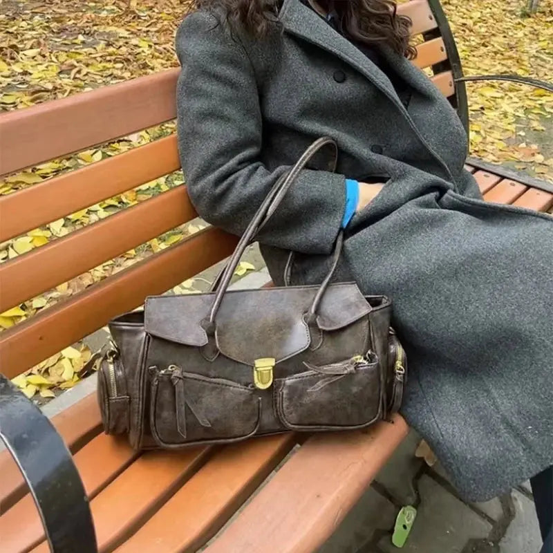 Vintage Underarm Bag For Girl Versatile Handbag Multi-pocket Motorcycle Bag Luxury Designer Handbag Spaghetti Strap Leather Bag Itsokies Travel Store