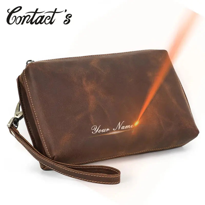 Men Clutch Bag Designer Genuine Leather Clutch Wallet Handbag Male Vintage Long Purse Zipper Card Holder Large Capacity Bolsas ContactS Engraving Store