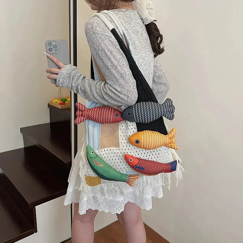 Cute Little Fish Relaxed Knitted Bag 2025 Summer New Commuter Versatile Shoulder Bag Contrasting Cut Out Tote Bag Shop1104763585 Store