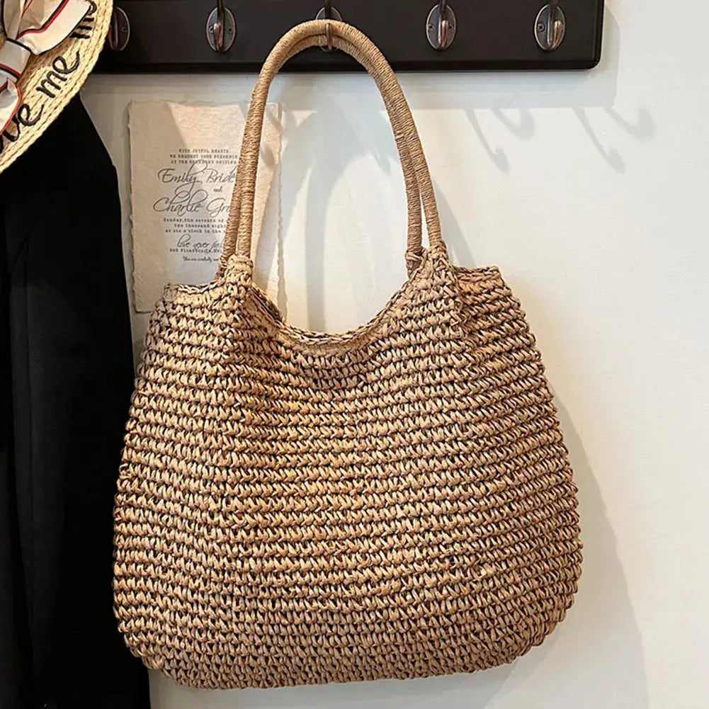 2024 Summer Daily Bag Women Vintage Shoulder Bag Hasp Closure Crochet Beach Handbag Solid Color Simple Weaving Handbag Ladies Beautiful Girl Office Store
