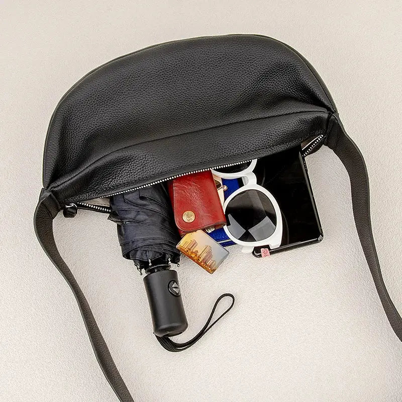 Donna-in Genuine Leather Shoulder Cross-body Bag Women Men Classic Casual Black Hobos Chest Bag Comfortable Wide Shoulder Strap Donna-in Moda Borse Store