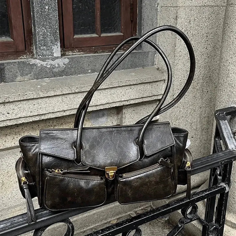 Vintage Underarm Bag For Girl Versatile Handbag Multi-pocket Motorcycle Bag Luxury Designer Handbag Spaghetti Strap Leather Bag Itsokies Travel Store