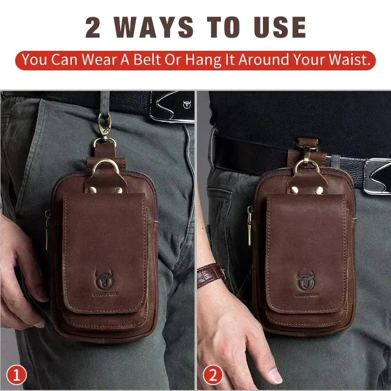 BULLCAPTAIN Fashion Quality Leather Small Summer Pouch Hook Design Waist Pack Bag Cigarette Case 6" Phone Pouch Waist Belt Bag BULLCAPTAIN Official Store