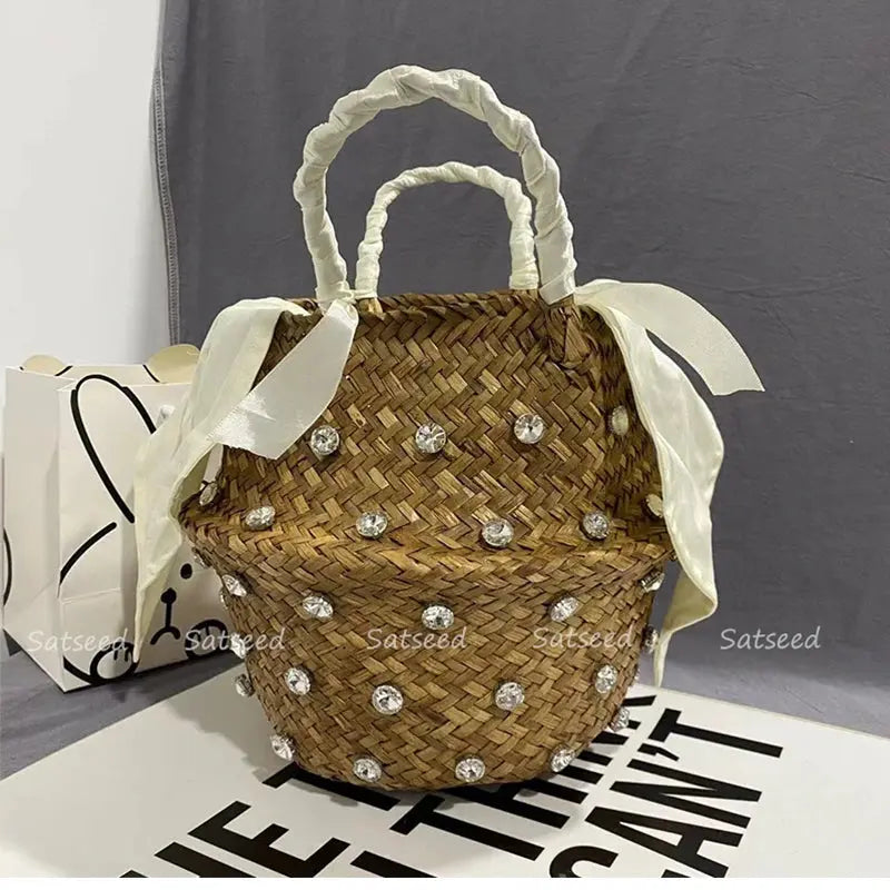 Handmade Sewing Holiday Fashion Crystal Woven Basket Diamond Tote Luxury Beach Resort Retro Handbag Bag Women Design Straw 2023 MOSITANA BAG Store