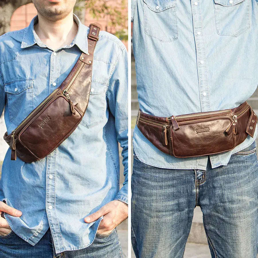 CONTACT'S Cow Leather Men Waist Bag New Casual Small Fanny Pack Male Waist Pack For Cell Phone And Credit Cards Travel Chest Bag ContactS Official Store