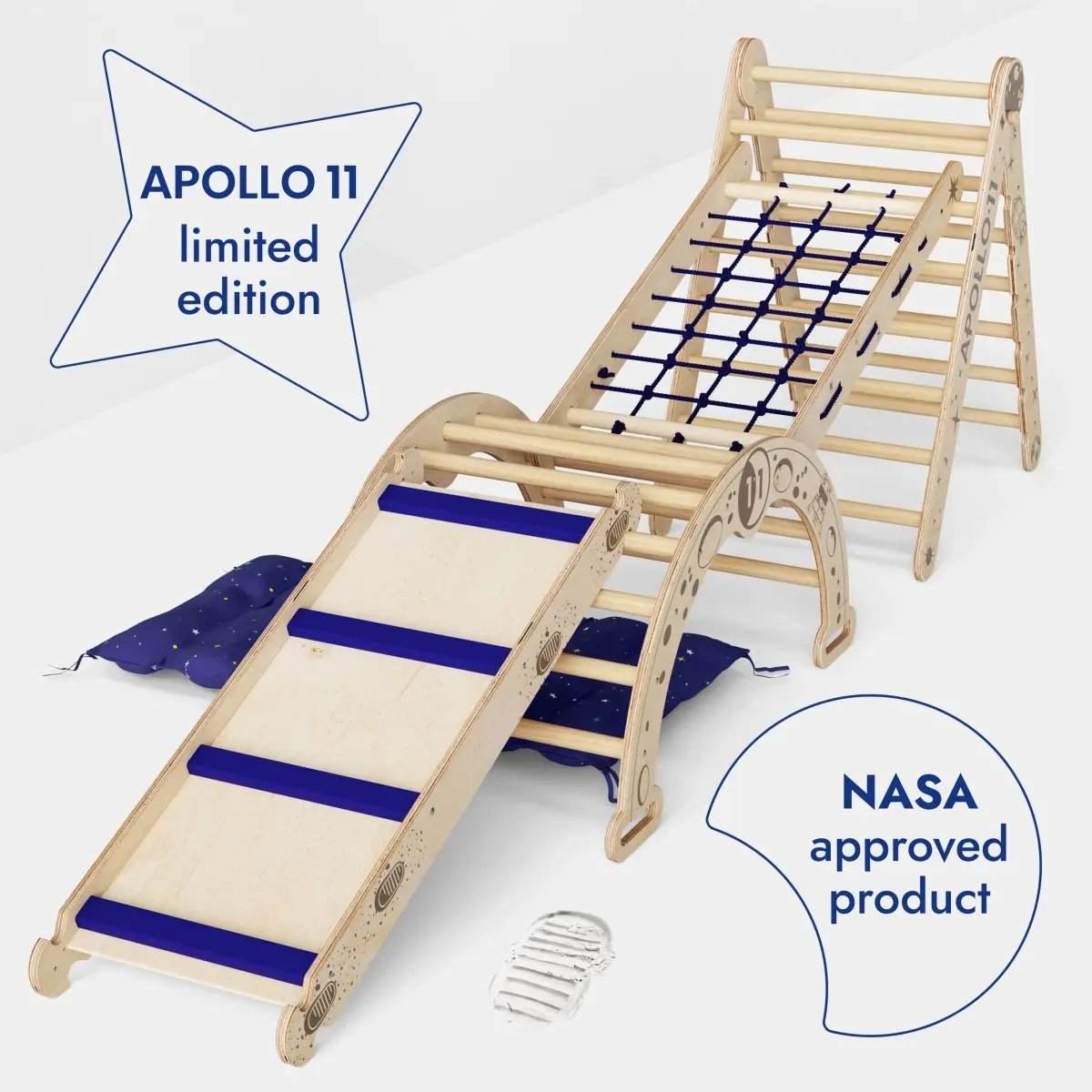 Apollo 5in1 Climbing Set:  Pikler Triangle, Net, Arch, Slide Board, and Cushion for Little Astronauts Goodevas