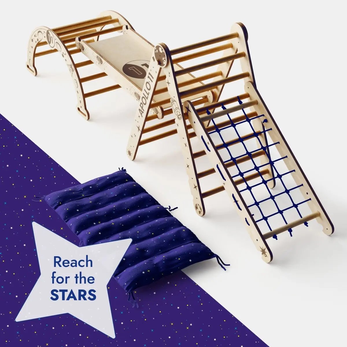 Apollo 5in1 Climbing Set:  Pikler Triangle, Net, Arch, Slide Board, and Cushion for Little Astronauts Goodevas