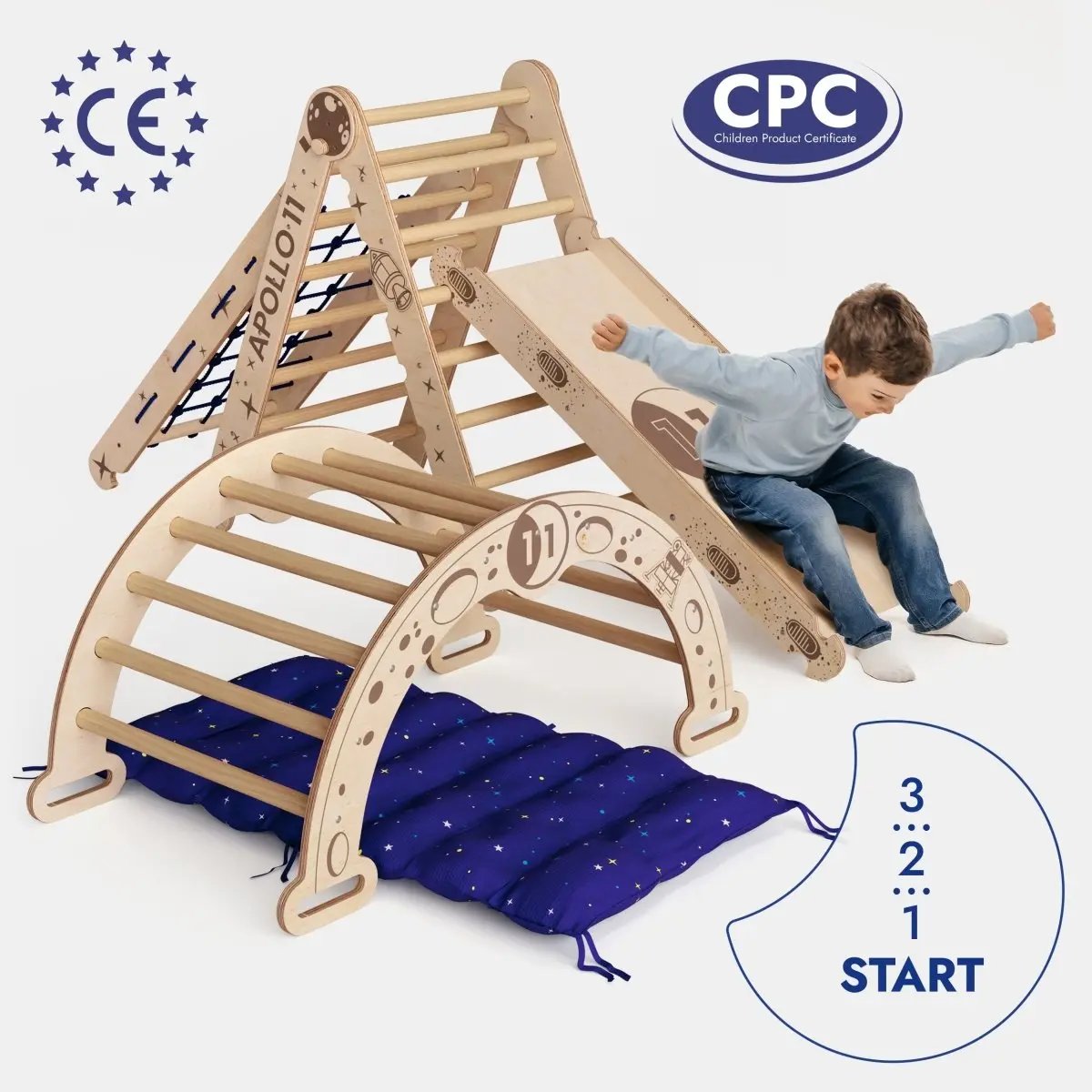 Apollo 5in1 Climbing Set:  Pikler Triangle, Net, Arch, Slide Board, and Cushion for Little Astronauts Goodevas