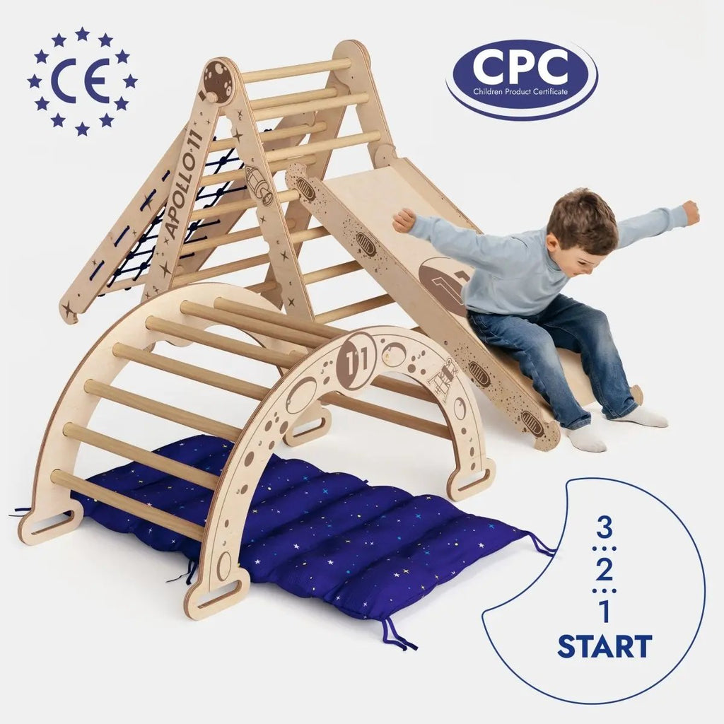 Apollo 5in1 Climbing Set:  Pikler Triangle, Net, Arch, Slide Board, and Cushion for Little Astronauts Goodevas
