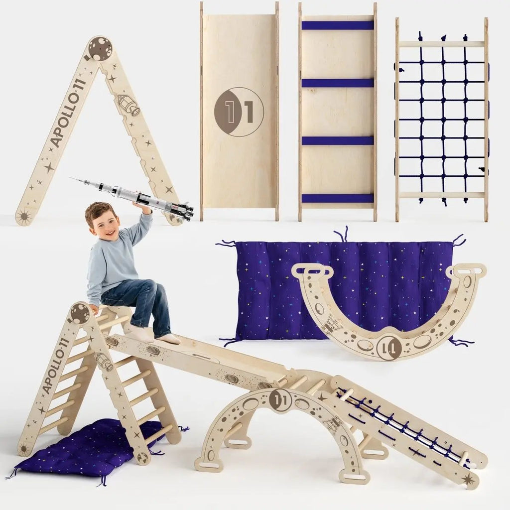 Apollo 5in1 Climbing Set:  Pikler Triangle, Net, Arch, Slide Board, and Cushion for Little Astronauts Goodevas