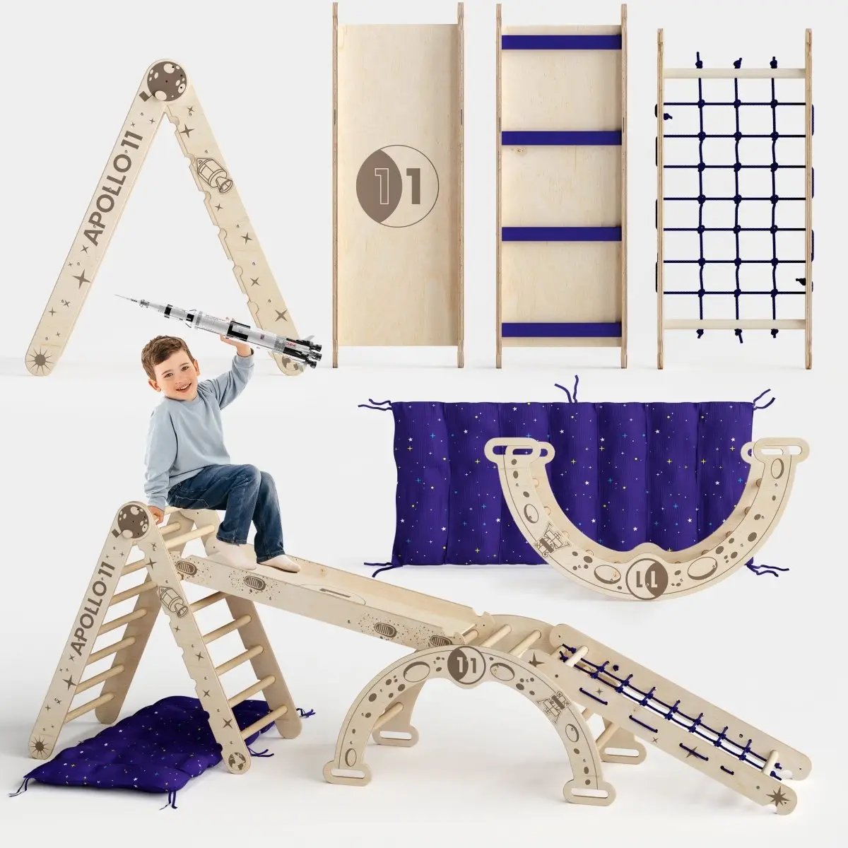 Apollo 5in1 Climbing Set:  Pikler Triangle, Net, Arch, Slide Board, and Cushion for Little Astronauts Goodevas