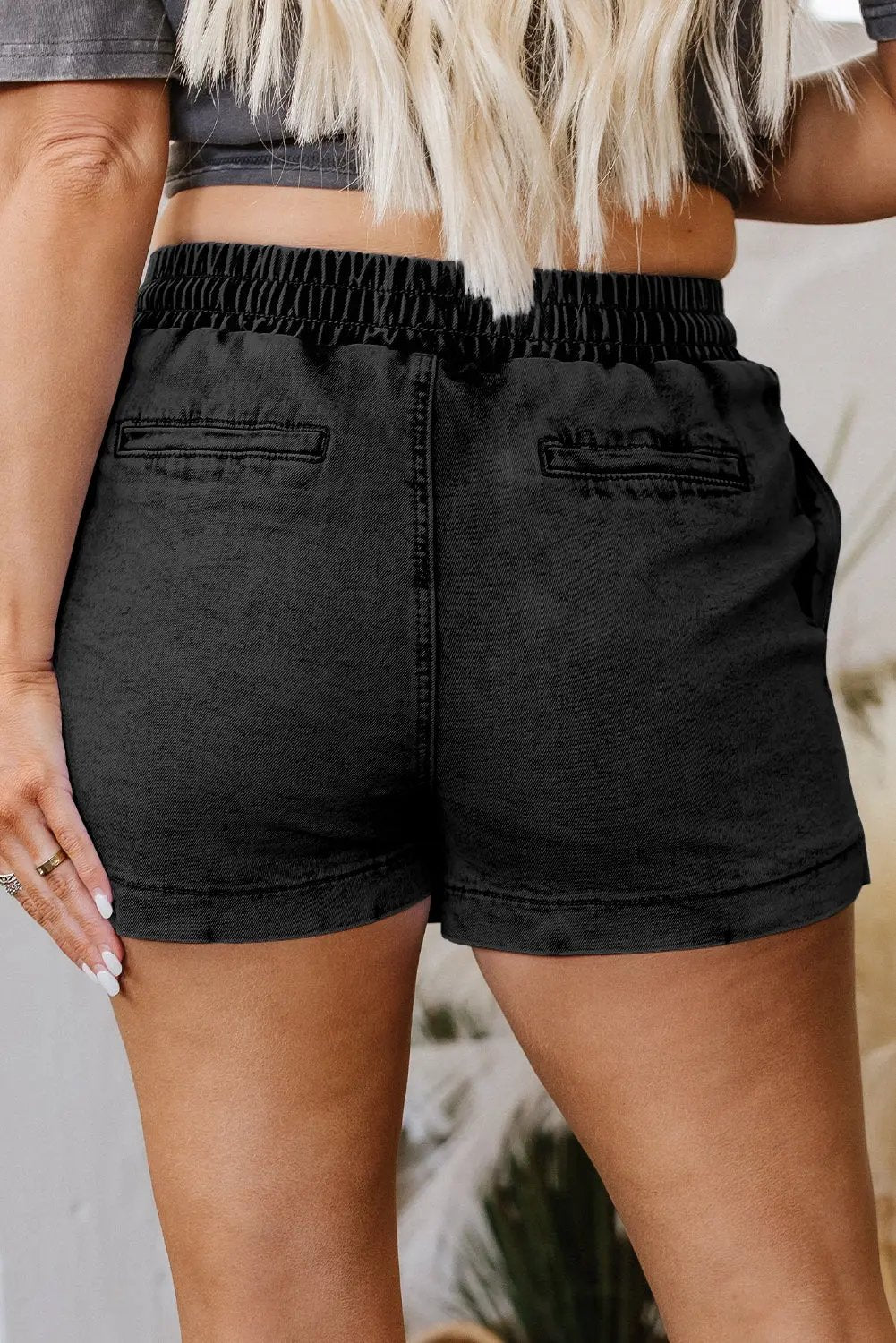 Black Drawstring Elastic Waistband Pocketed Denim Shorts Dear-Lover Dropshipping