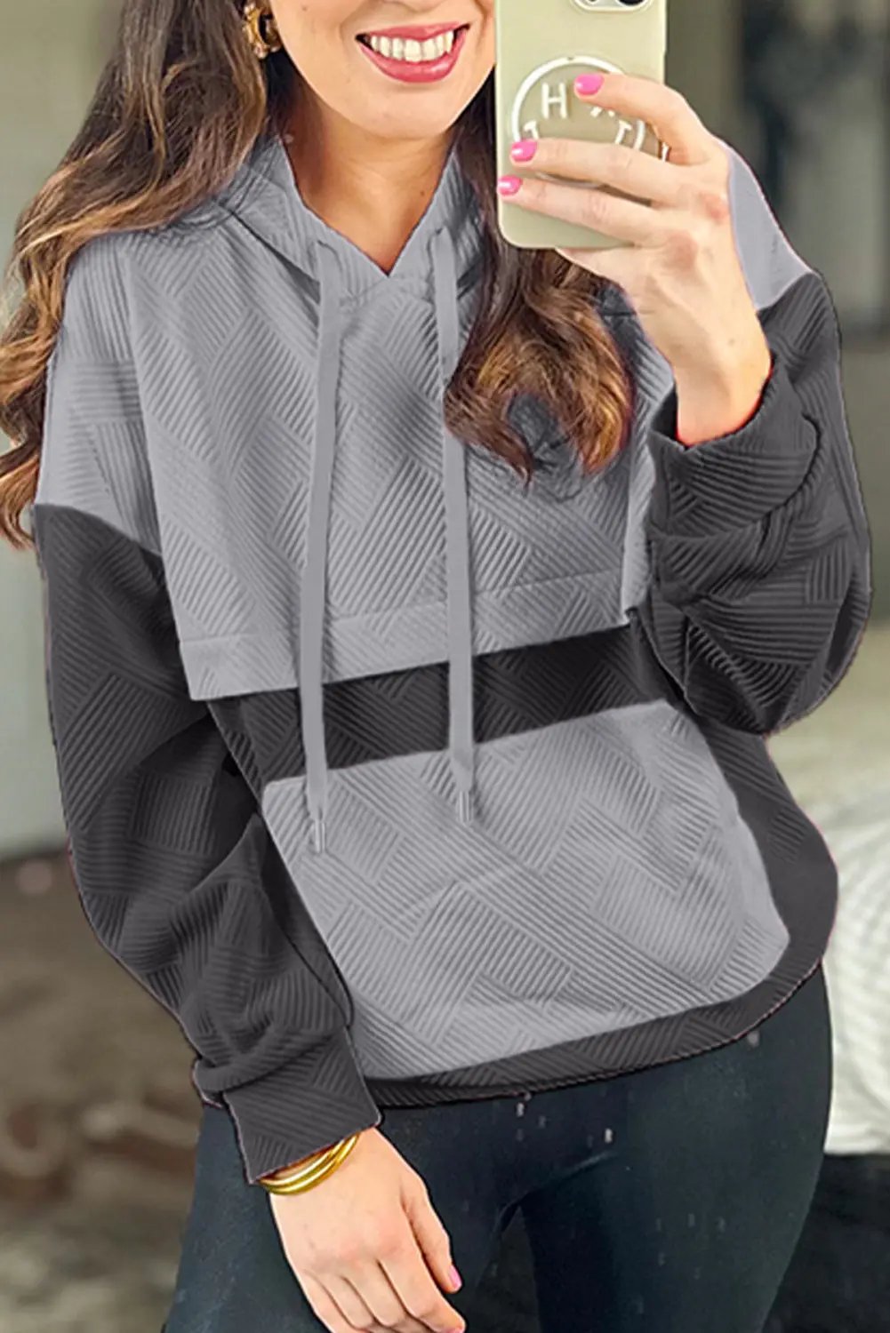 Gray Textured Color Block Kangaroo Pocket Drop Shoulder Hoodie Dear-Lover Dropshipping