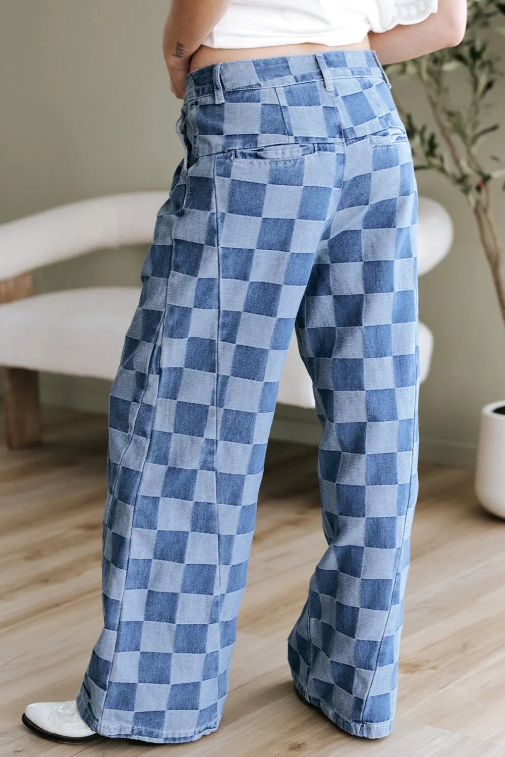 Dusk Blue Checkered Denim Wide Leg Jeans Dear-Lover Dropshipping
