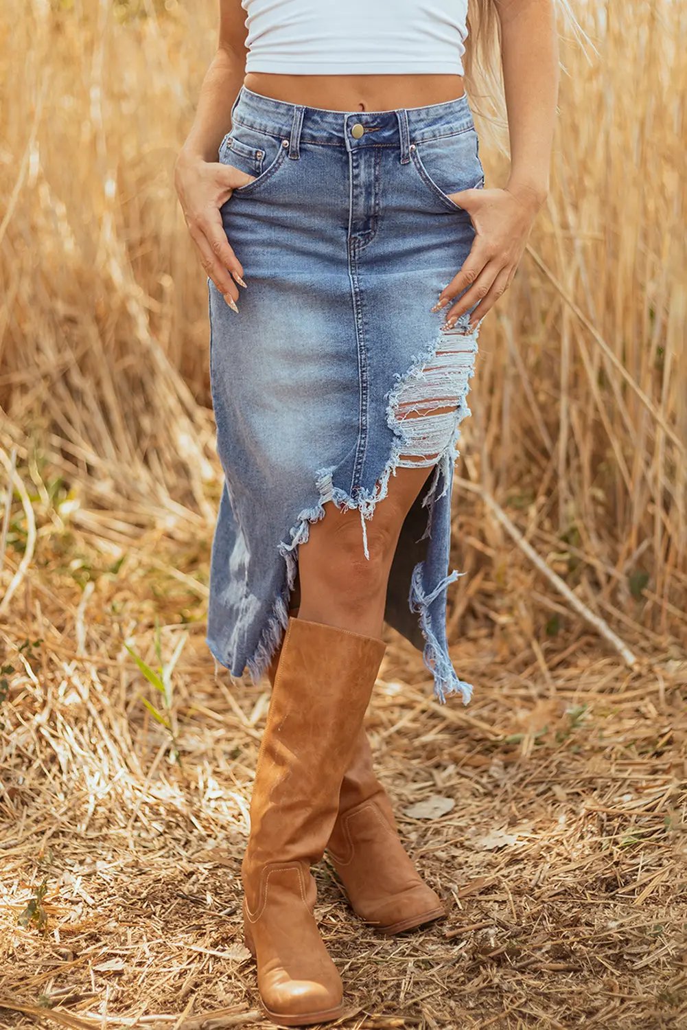 Dearlove Myosotis Irregular Distressed Bottom Denim Midi Skirt Dear-Lover Dropshipping