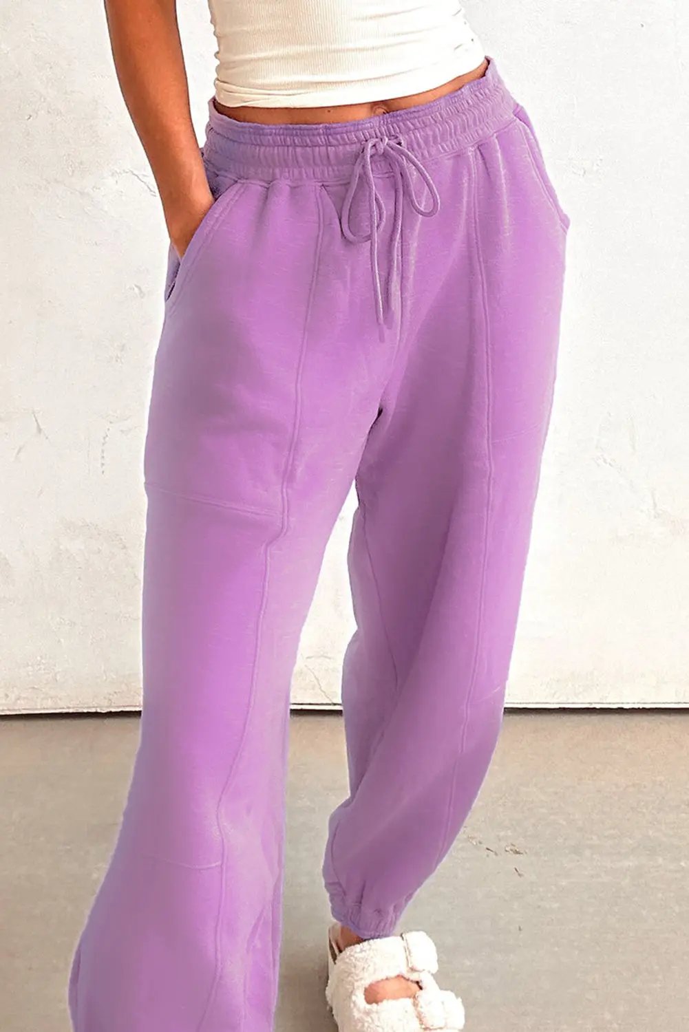 Lilac Drawstring Elastic Waistband Solid Color Jogger Pants Dear-Lover Dropshipping