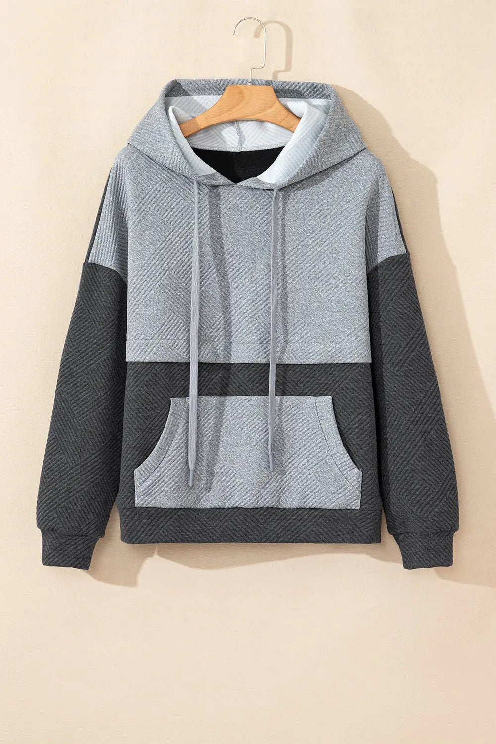 Gray Textured Color Block Kangaroo Pocket Drop Shoulder Hoodie Dear-Lover Dropshipping