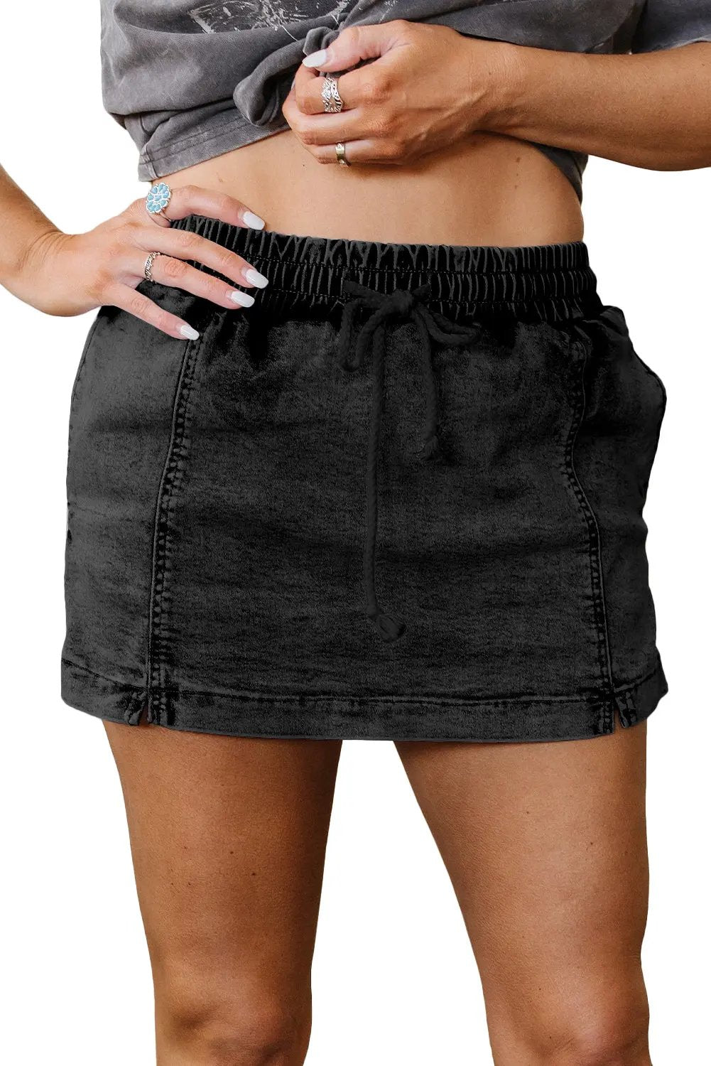 Black Drawstring Elastic Waistband Pocketed Denim Shorts Dear-Lover Dropshipping