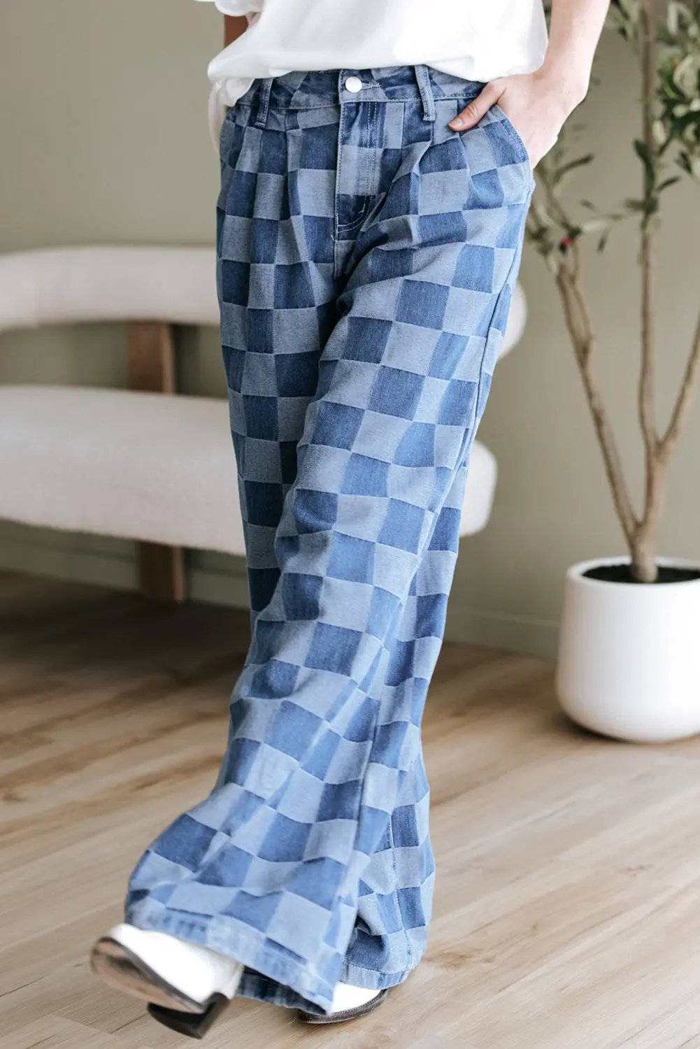 Dusk Blue Checkered Denim Wide Leg Jeans Dear-Lover Dropshipping