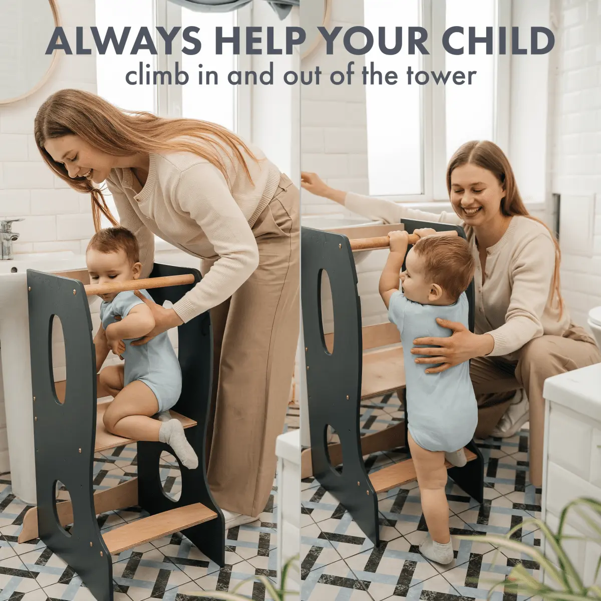 Stable Montessori Tower: Wooden Growing Chair - Grey Goodevas