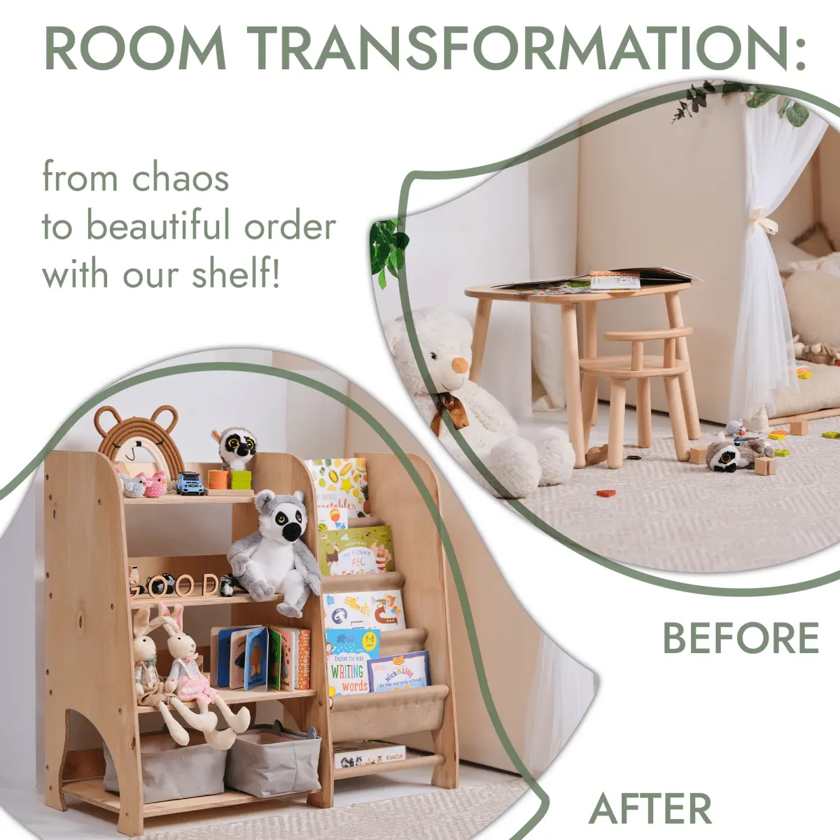 Wooden Montessori Shelves for Toddler 2in1: Bookshelf & Toy Shelving Goodevas